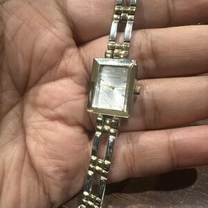 Anne Klein Watch Women 16mm Silver Gold Two Tone Rectangle Dial New Battery 6.5"